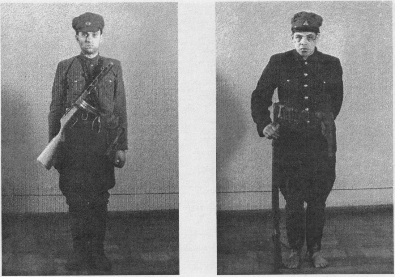 Suimti Laisvės būrio partizanai J. Dūdėnas- Vynas ir Aleksas Miškinis-Dobilas su savo ginklais Valstybės saugumo ministerijoje
